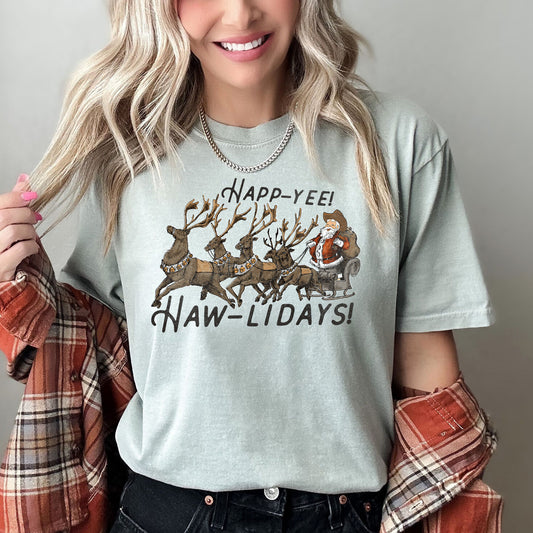 Happy Holidays, Yee Haw, Santa Cowboy, Reindeer, Comfort Colors, Tshirt