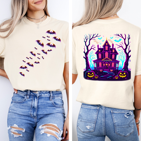 Haunted House, Bright Colors, Halloween, Front and Back, Bats, Ghosts, Spooky, Comfort Colors T-Shirt