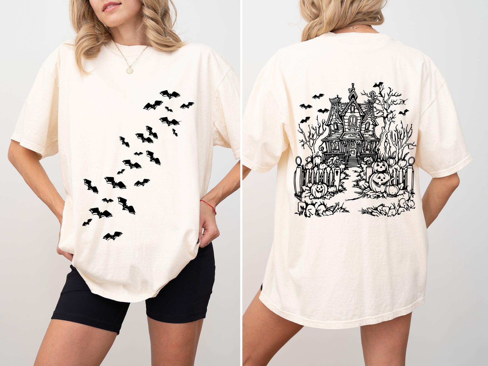 Haunted House, Front and Back, Halloween, Retro, Fall, Autumn, Bats, Witches, Skeleton, Jack-o-lanterns Shirt Comfort Colors T-Shirt