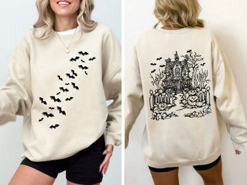 Haunted House, Front and Back, Halloween, Retro, Fall, Autumn, Bats, Witches, Skeleton, Jack-o-lanterns Sweatshirt