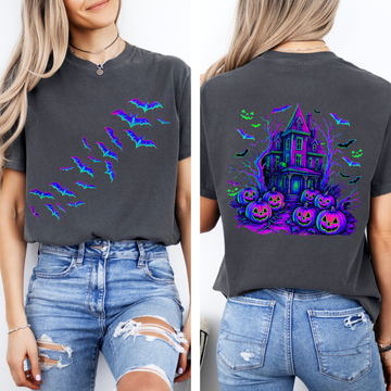 Haunted House, Halloween, Bright Colors, Bats, Spooky, Ghosts, Comfort Colors T-Shirt