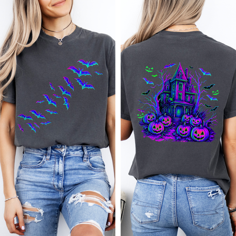 Haunted House, Halloween, Bright Colors, Bats, Spooky, Ghosts, Comfort Colors T-Shirt