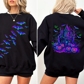 Haunted House, Halloween, Bright Colors, Bats, Spooky, Ghosts Sweatshirt