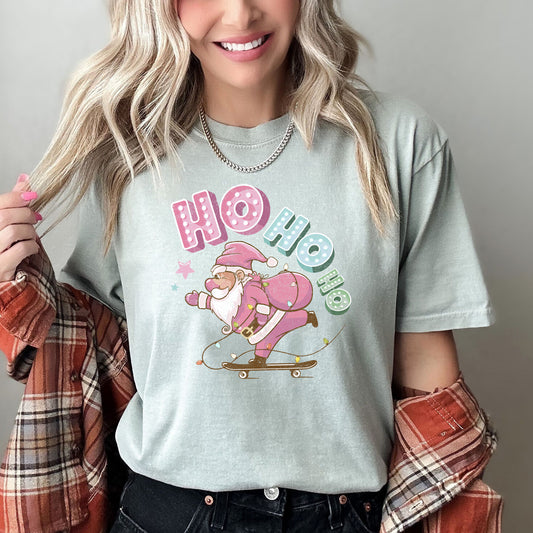 Ho Ho Ho, Pink Skateboarding Santa, Christmas, Retro, Comfort Colors, Tshirt