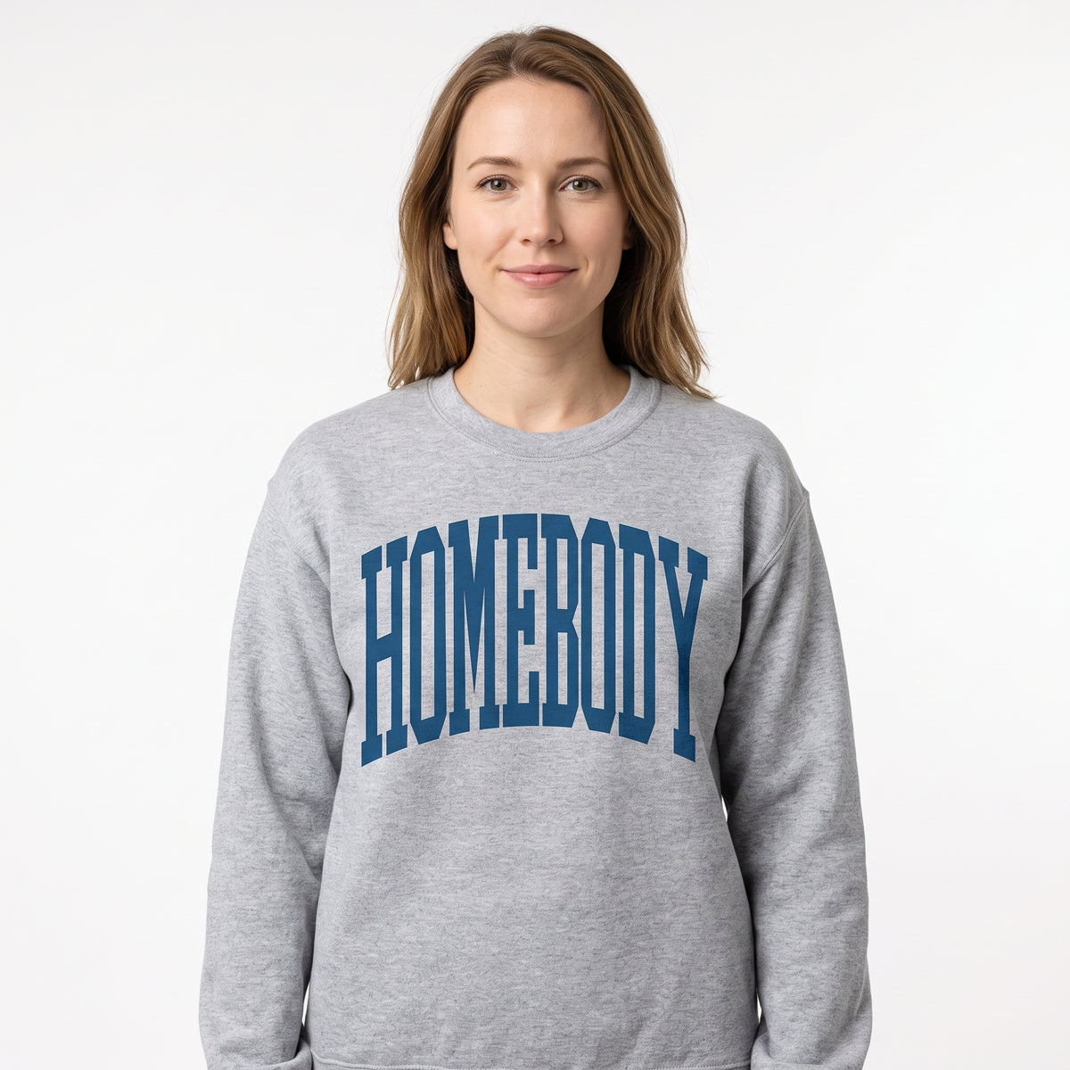 Model wearing the Homebody Text sweatshirt in Sport Grey, cover image 1