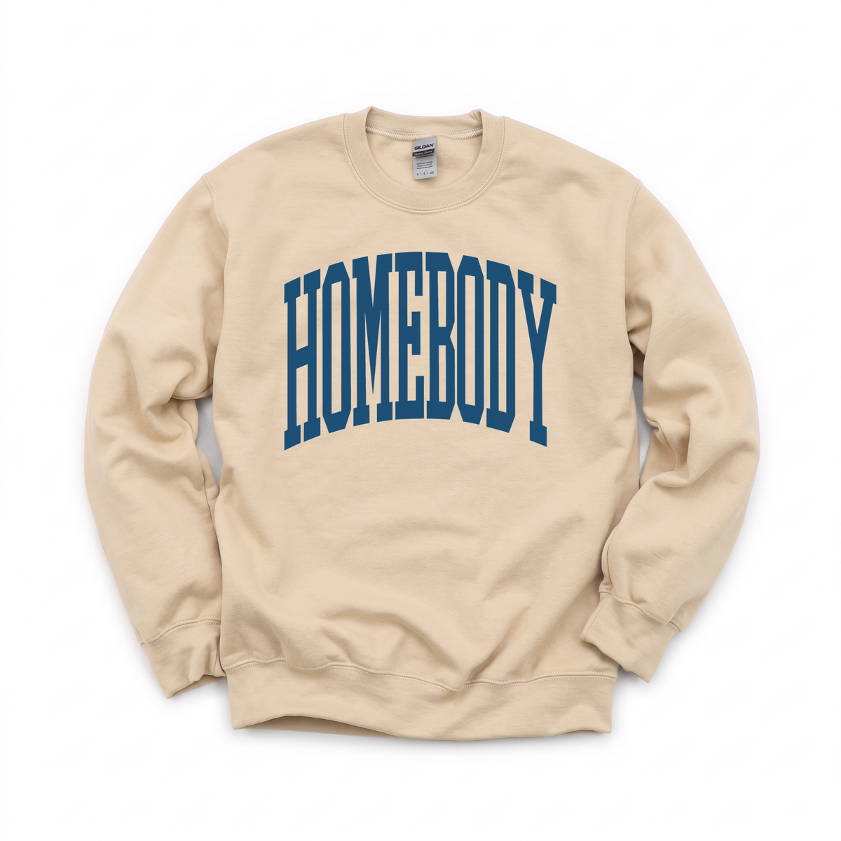 Homebody Text graphic on Gildan 18000 in Sand