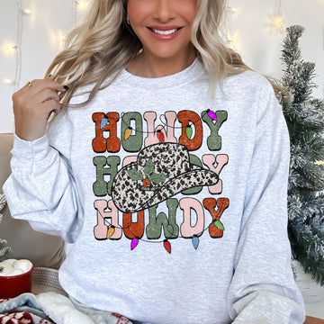 Howdy Christmas, Leopard Print Cowboy Hat, Retro Text Sweatshirt