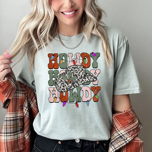 Howdy Christmas, Leopard Print Cowboy Hat, Retro Text, Comfort Colors, Tshirt