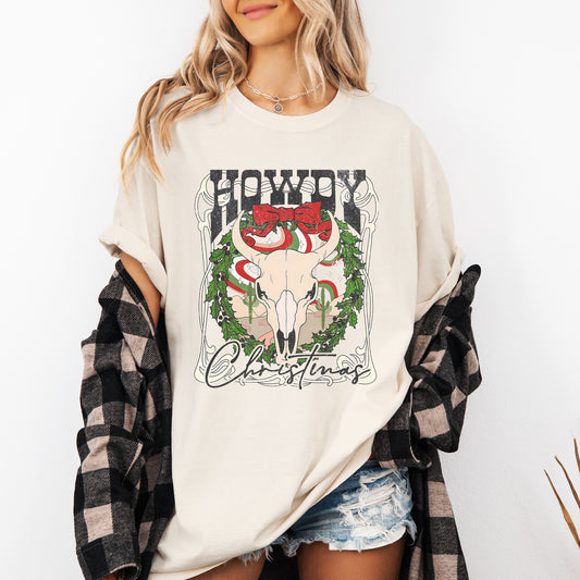 Howdy Christmas, Skull, Western, Cowboy Tshirt