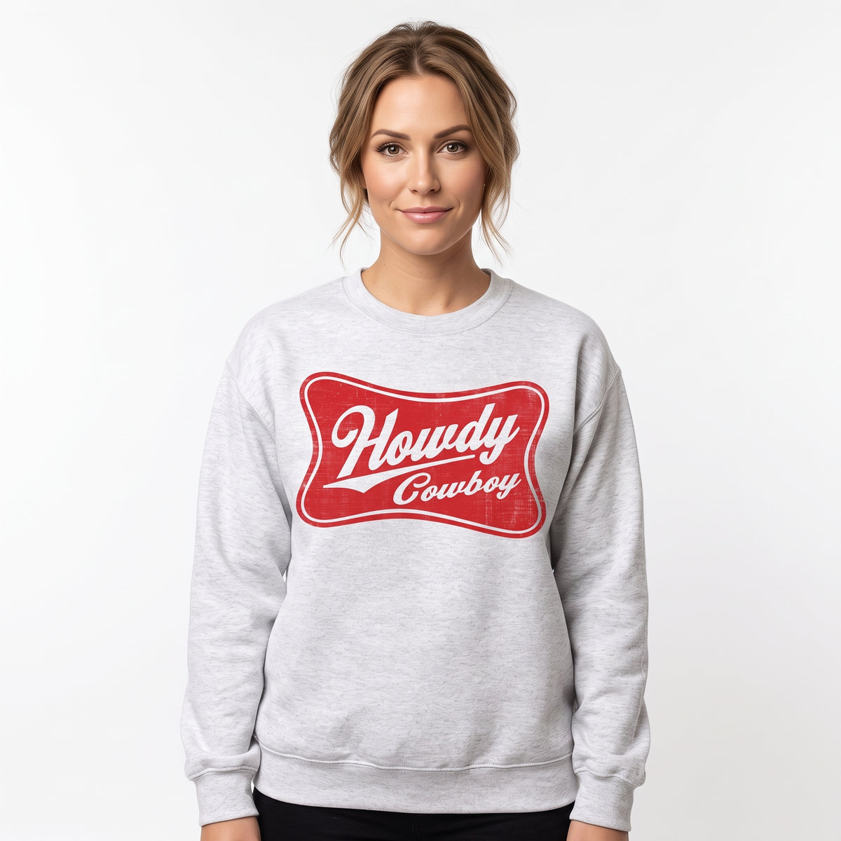 Model wearing the Howdy Cowboy sweatshirt in Ash, cover image 1