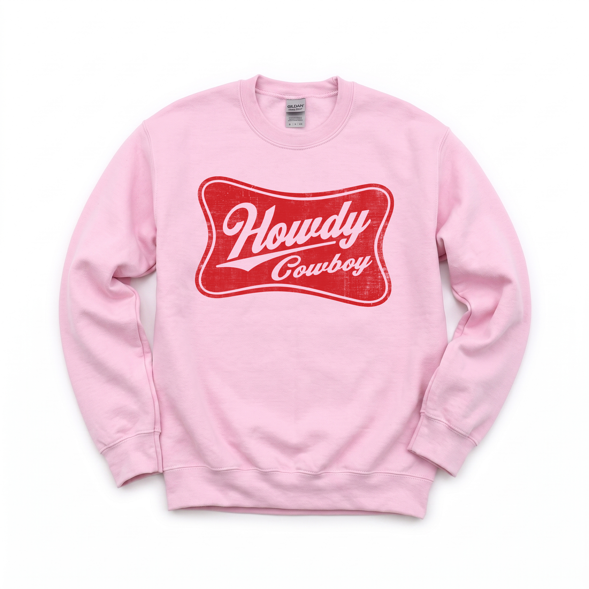 Howdy Cowboy graphic on Gildan 18000 in Light Pink