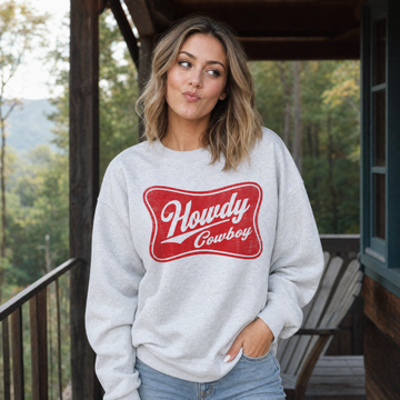 Model wearing the Howdy Cowboy sweatshirt in Ash, lifestyle image 1