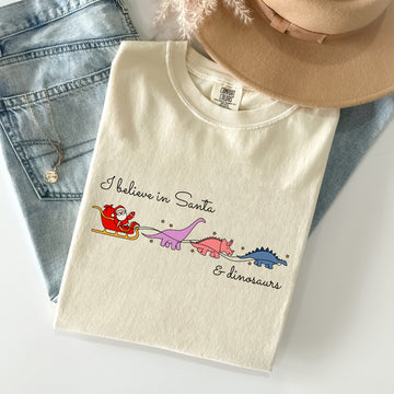 I Believe In Santa and Dinosaurs, Sleigh, Reindeer, Funny, Christmas, Winter, Xmas Tshirt Comfort Colors T-Shirt