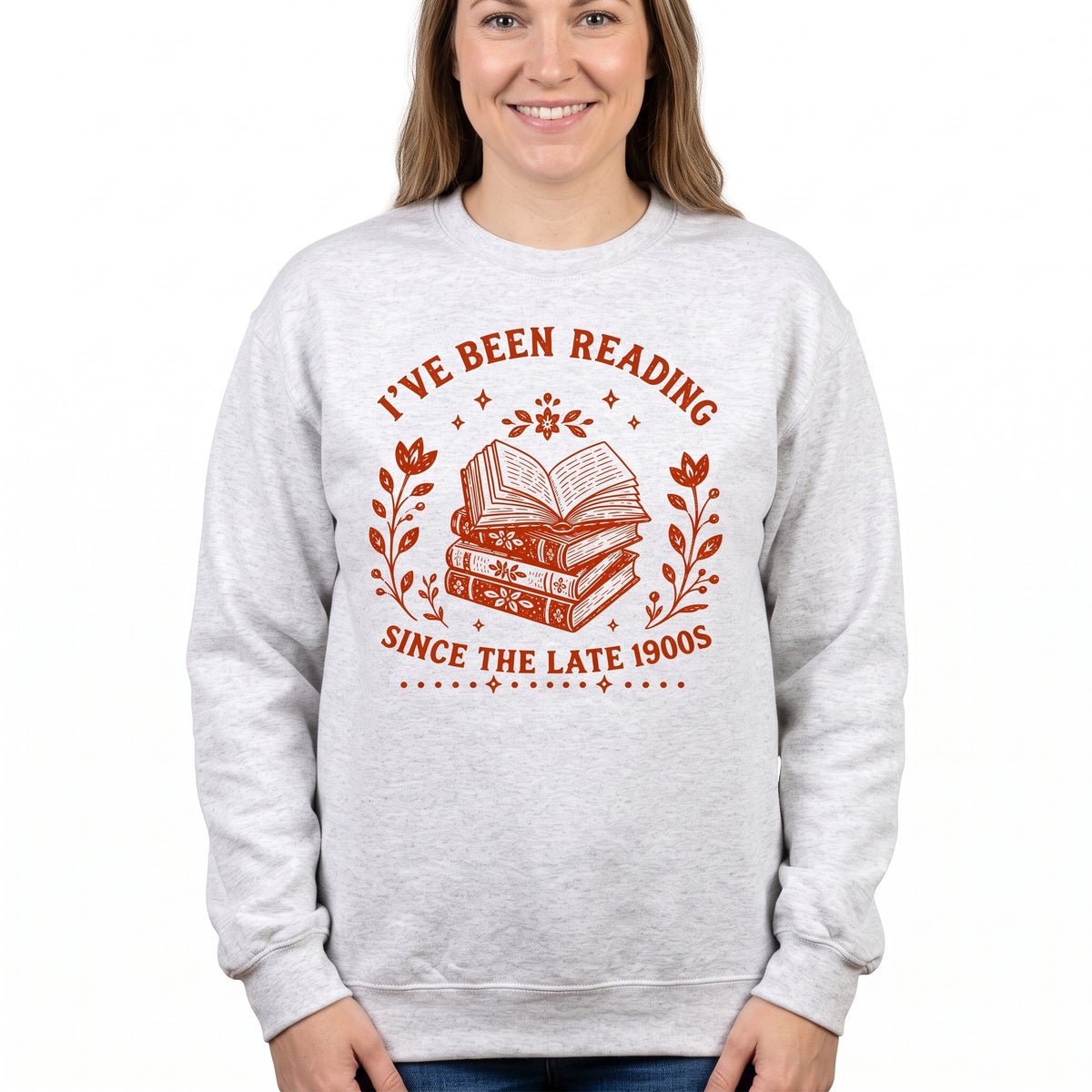 Model wearing the I've Been Reading Since The Late 1900s sweatshirt in Ash, cover image 1
