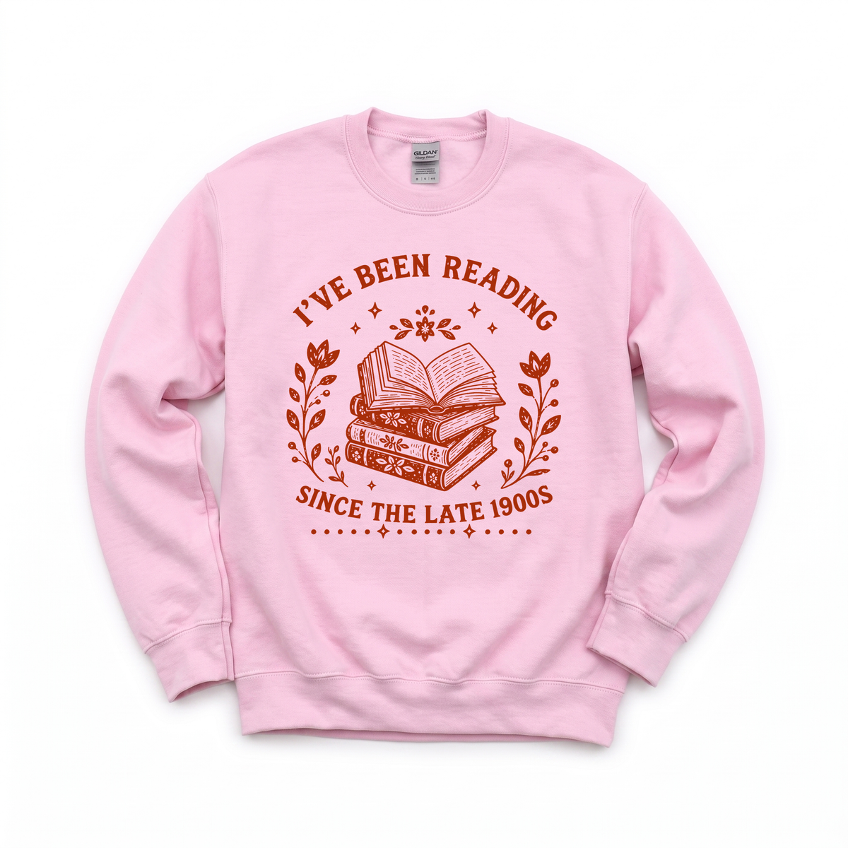 I've Been Reading Since The Late 1900s graphic on Gildan 18000 in Light Pink