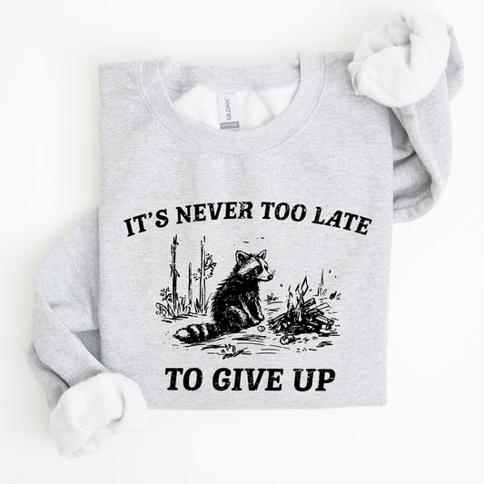 It's Never Too Late To Give Up, Raccoon, Funny, Aesthetic Sweatshirt