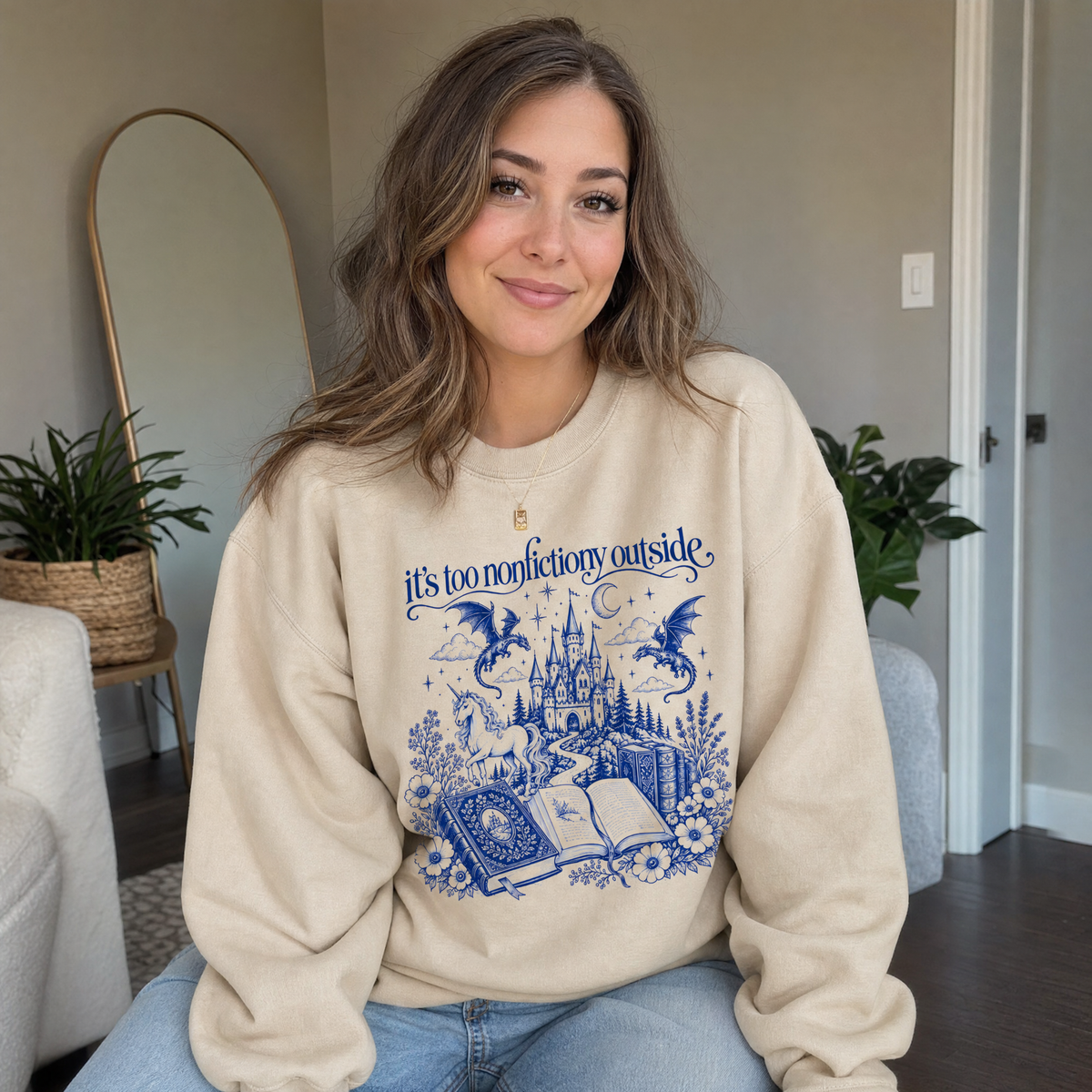 Model wearing the It's Too Nonfictiony Outside sweatshirt in Sand