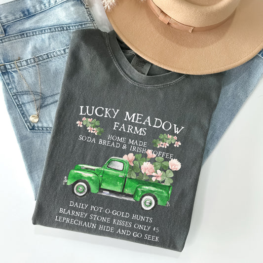 Lucky Meadow Farms, St Patrick's Day, Shamrock, Truck Comfort Colors Tshirt