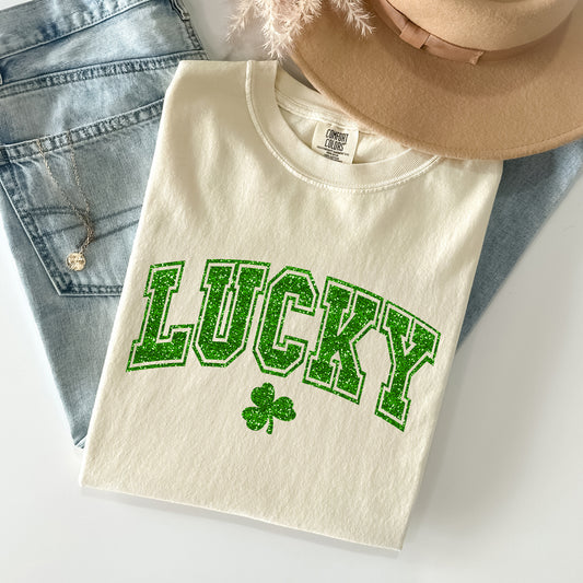 Lucky, Glitter Shamrock, St Patrick's Day Comfort Colors Tshirt