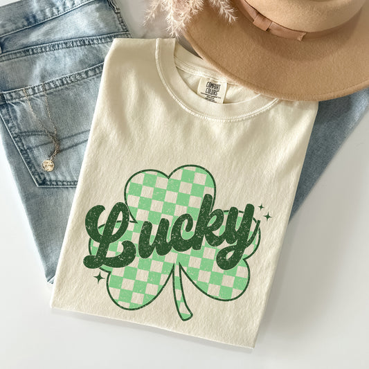 Lucky, Shamrock, Checker Print, St Patrick's Day Comfort Colors Tshirt