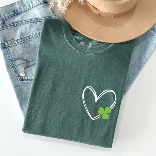 Double Heart With Shamrock, Pocket Print, St Patrick's Day Comfort Colors Tshirt