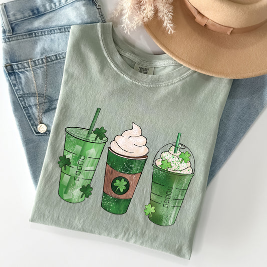 Iced Coffees, Drinks, Shamrocks, St Patrick's Day Comfort Colors Tshirt