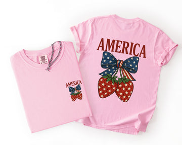 Floral Americana Strawberry Bow USA Stars And Stripes 4th Of July Celebration Edition Comfort Colors Tee
