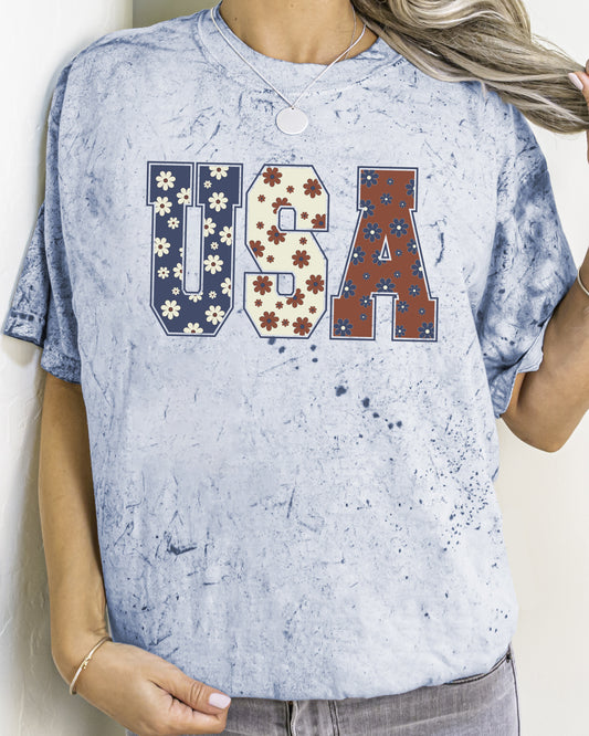 USA, Floral Print, Patriotic, America, Comfort Colors Color Blast, Comfort Colors Tshirt