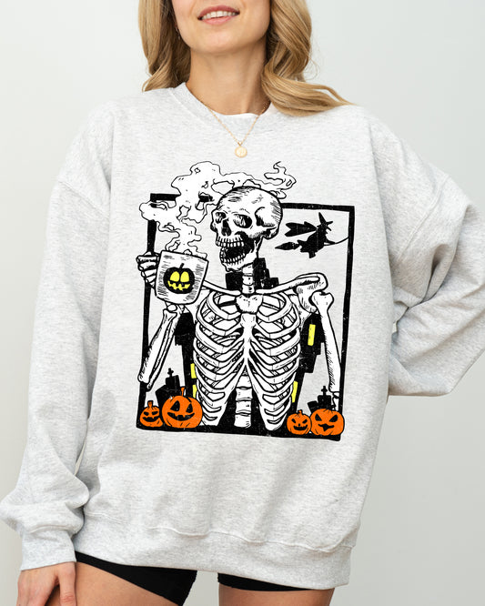 Coffee Lover Skeleton, Funny, Witch, Aesthetic, Meme, Halloween, Spooky, Costume Sweatshirt