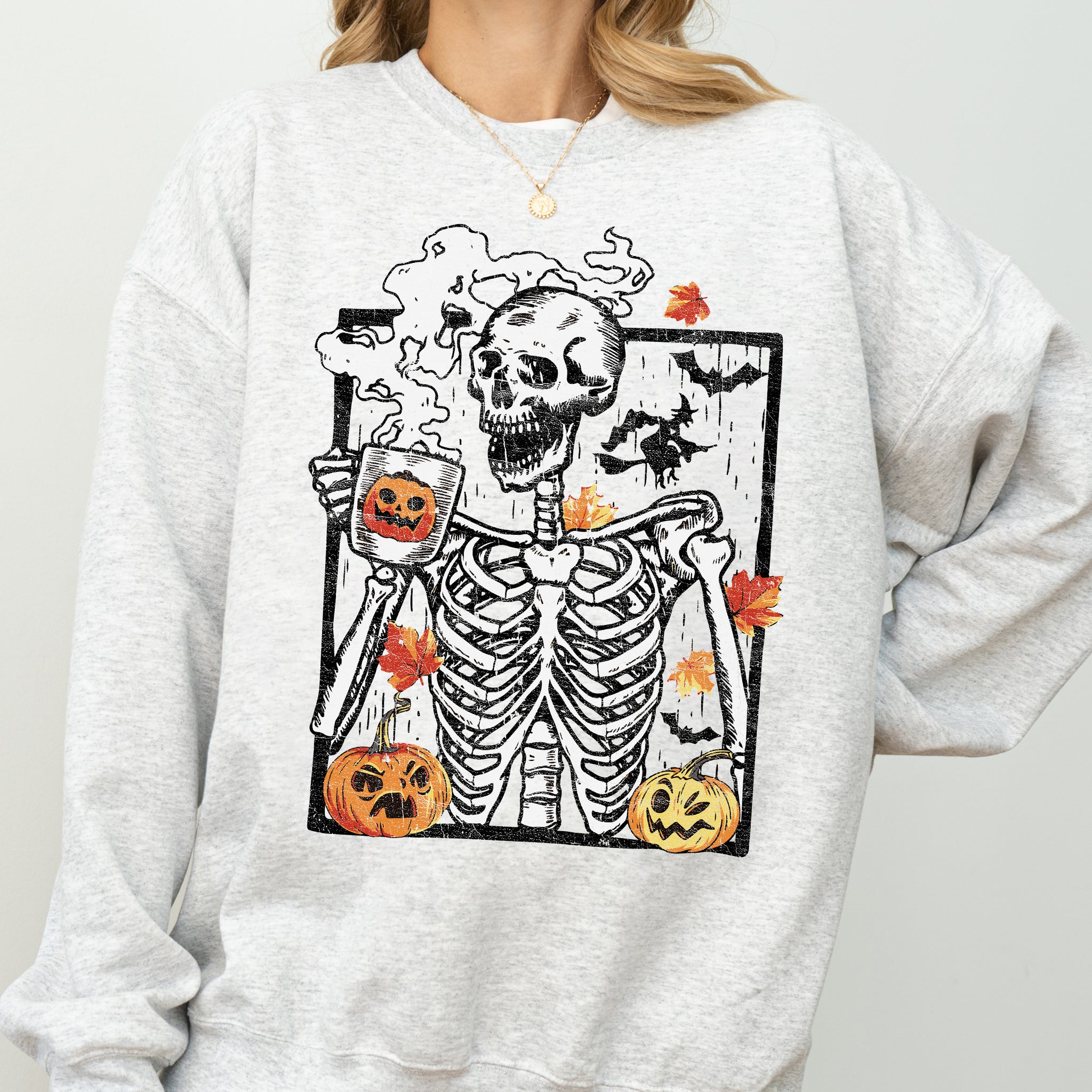 Skeleton Coffee, Pumpkin, Witch, Aesthetic, Funny, Meme, Halloween, Spooky, Costume Sweatshirt