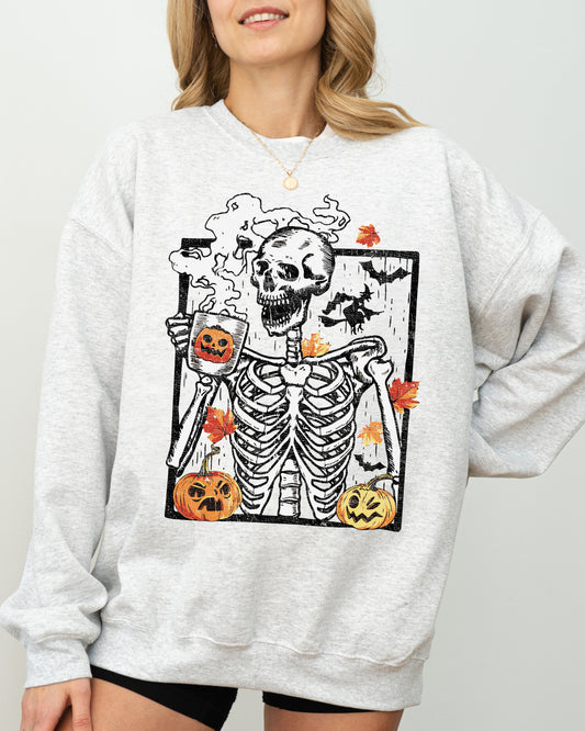 Skeleton Coffee, Pumpkin, Witch, Aesthetic, Funny, Meme, Halloween, Spooky, Costume Sweatshirt