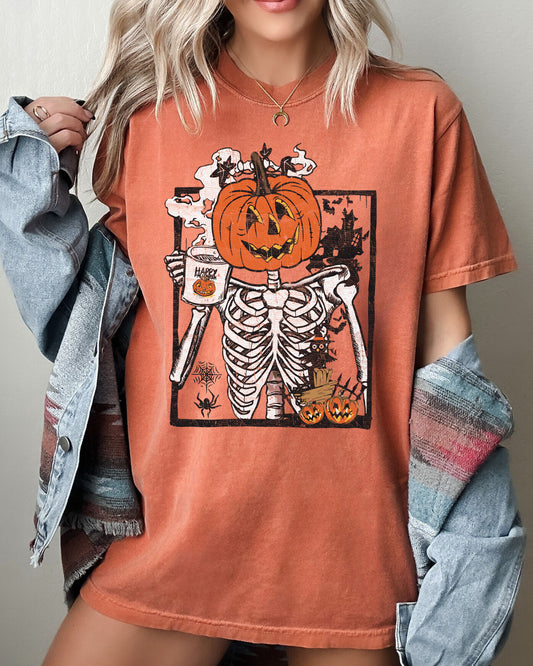 Pumpkin Head Skeleton, Coffee, Witch, Aesthetic, Funny, Meme, Halloween, Spooky, Costume, Tshirt