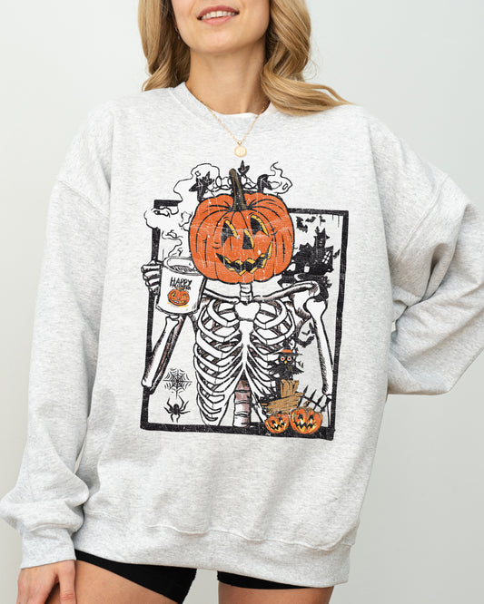 Pumpkin Head Skeleton, Coffee, Witch, Aesthetic, Funny, Meme, Halloween, Spooky, Costume Sweatshirt