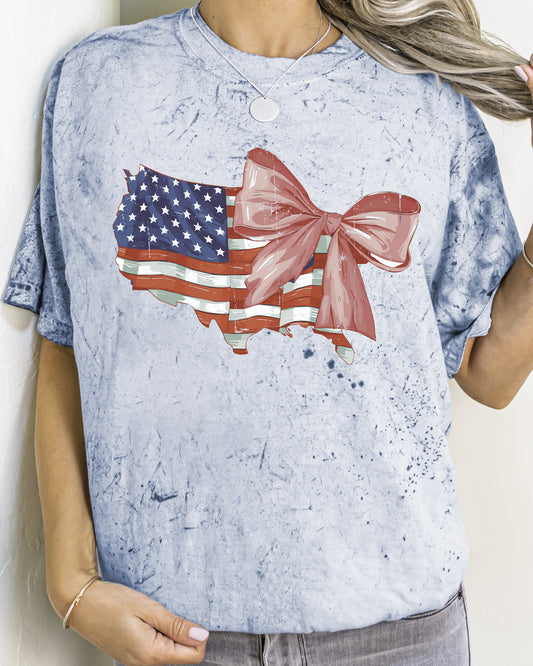 American Flag, Bow, Ribbon, Coquette, USA, Independence, Day, Retro, Vintage, Color Blast, Comfort Colors Tshirt