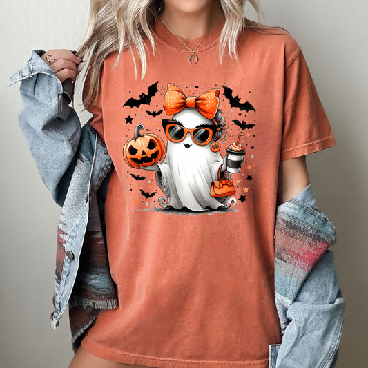 Fancy, Coffee Lover Ghost, Pumpkin, Vintage, Western, Witch, Aesthetic, Meme, Halloween, Costume, Tshirt