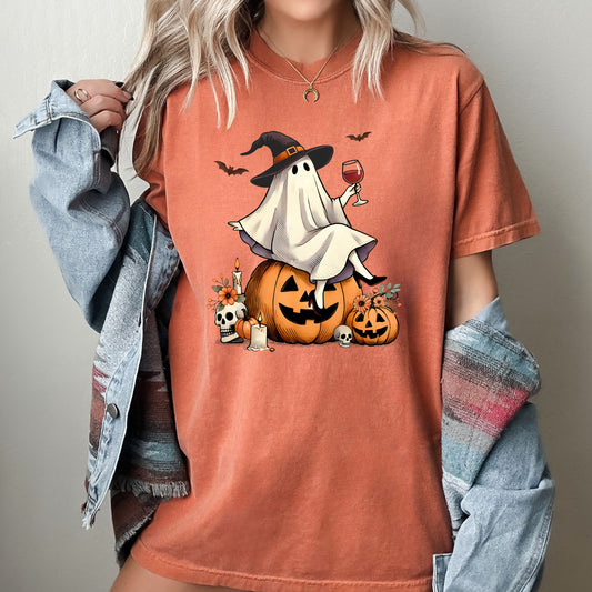 Ghost on Pumpkin, Wine, Western, Witch, Aesthetic, Meme, Halloween, Costume, Tshirt