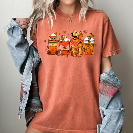 Coffee Lover, Dog, Golden Retriever, Pumpkin, Skeleton, Vintage, Western, Witch, Aesthetic, Meme, Halloween, Costume, Tshirt