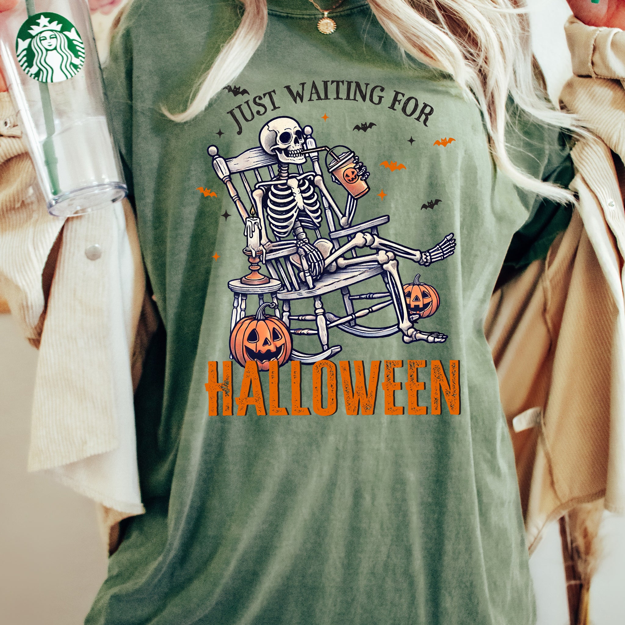 Just Waiting for Halloween, Skeleton, Vintage, Western, Witch, Aesthetic, Meme, Halloween, Costume, Tshirt Comfort Colors T-Shirt