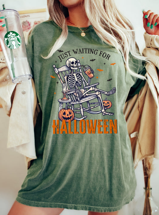 Just Waiting for Halloween, Skeleton, Vintage, Western, Witch, Aesthetic, Meme, Halloween, Costume, Tshirt