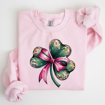 Coquette, Disco Ball, Bow, Shamrock, Clover, Irish, Lucky, Lucky Charm, St Patrick's Day Sweatshirt