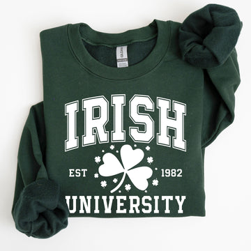 Irish University, Lucky, St. Paddy's Day, Coquette, Bow, Clover, Shamrock, Irish, Lucky Charm, St Patrick's Day Sweatshirt