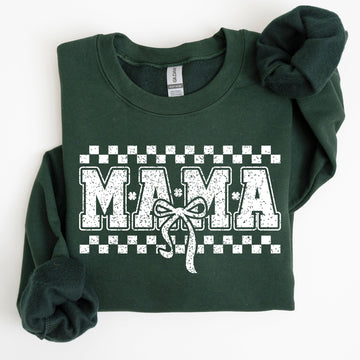 Mama, Checkered, Bow, Coquette, Lucky, Shamrock, Lucky Charm, Irish, Retro, St Patrick's Day Sweatshirt