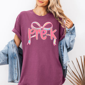Pre-K Neon Pink Teacher Bow First Day Of School Back To School Coquette Comfort Colors Tee