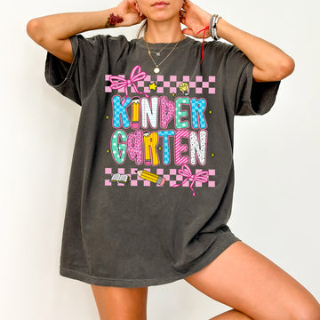Kindergarten Teacher Checkered Bow First Day Back To School Coquette Comfort Colors Tee