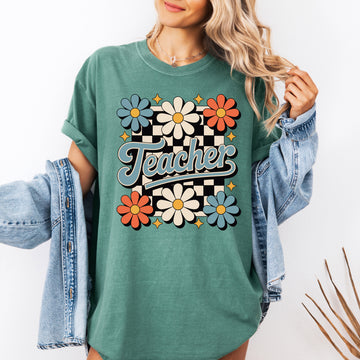Retro Floral Checkered First Day Of School Teacher Appreciation Coquette Style Comfort Colors Tee