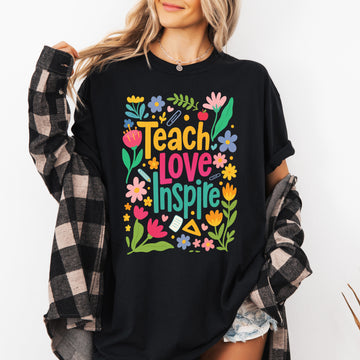 Teach Love Inspire Floral Boho Retro First Day of School Teacher Appreciation Coquette Comfort Colors Tee