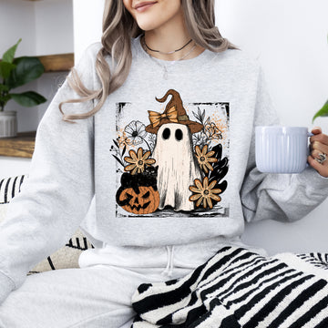 Vintage Ghost, Witch, Bow, Coquette, Pumpkin, Halloween, Floral, Retro, Spooky, Costume, Fall, Graphic Sweatshirt