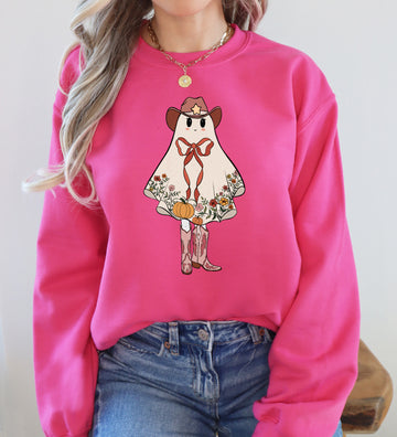 Cute Cowgirl Ghost, Halloween, Western, Vintage, Pumpkin, Retro, Spooky, Costume, Fall, Graphic Sweatshirt