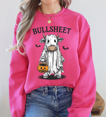 Bullsheet, Funny Halloween Cow Ghost, Bull, Farm, Vintage, Western, Pumpkin, Retro, Spooky, Costume, Fall, Graphic Sweatshirt