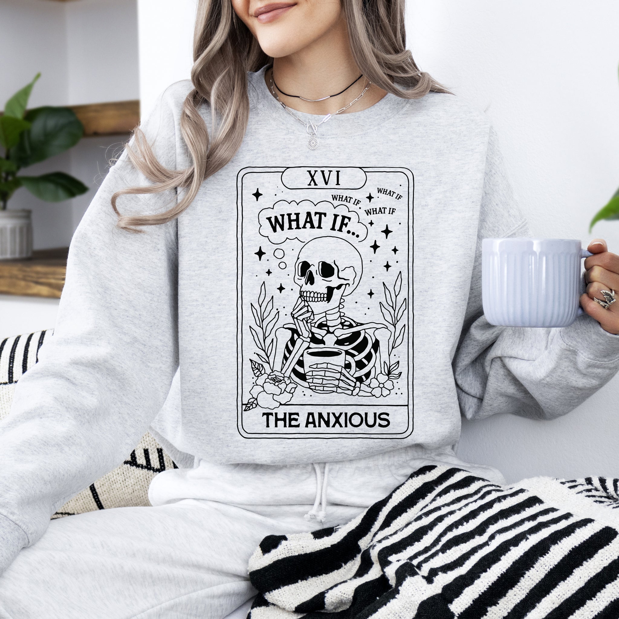 What If, The Anxious, Skeleton, Funny, Tarot Card, Ghost, Halloween, Western, Vintage, Pumpkin, Retro, Spooky, Costume, Fall, Graphic Sweatshirt